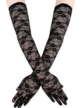 Women's Floral Lace Black Satin Opera Length Elbow Long Evening Party Gloves